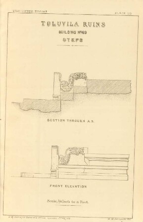Plate LL. Toluvila ruins. Building No. 49. Steps. Section through A. B. Front elevation.