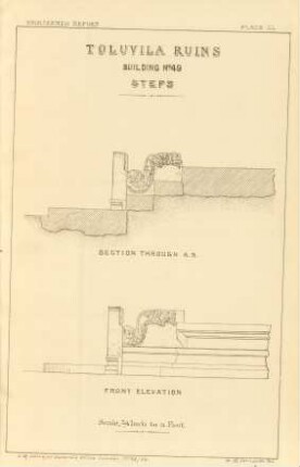 Plate LL. Toluvila ruins. Building No. 49. Steps. Section through A. B. Front elevation.