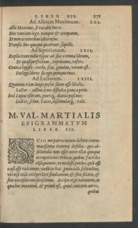 M. Val. Martialis Epigrammatum Liber XII.