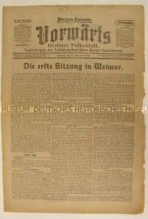 Zentralorgan der SPD "Vorwärts" zur ersten Sitzung der Nationalversammlung in Weimar