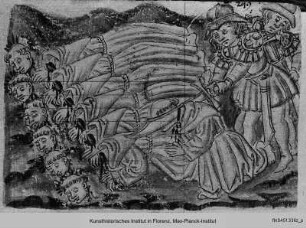 Oddi, Specchio de l'Ordene (La Franceschina) : Textseite mit zwei? Illustrationen : Enthauptung von sieben Franziskanern