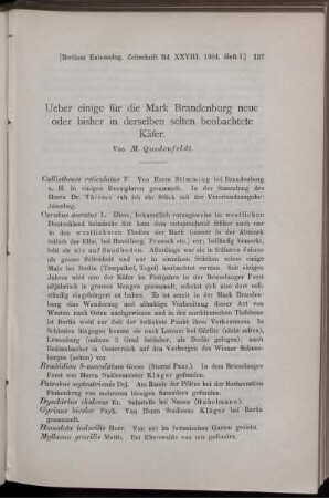 Ueber einige für die Mark Brandenburg neue oder bisher in derselben selten beobachtete Käfer.
