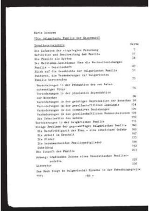 Dinkowa, Maria : Die bulgarische Familie der Gegenwart ; Inhaltsverzeichnis