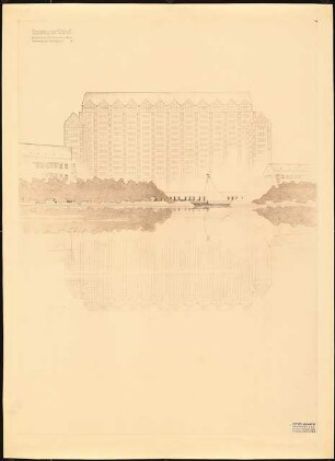 Altstadtsanierung, Berlin: Perspektivische Ansicht eines Monumentalbaues mit Spiegelung im Wasser