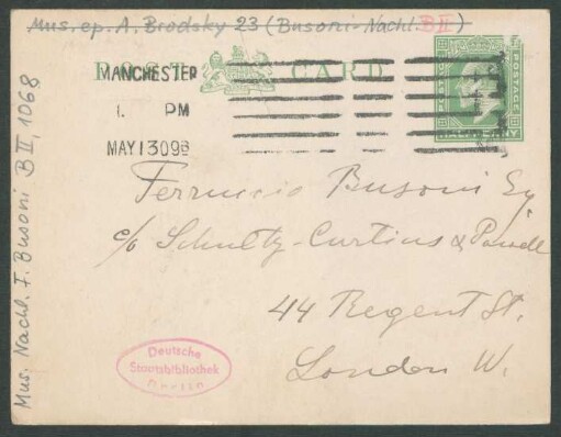 Postkarte an Ferruccio Busoni : 13.05.1909