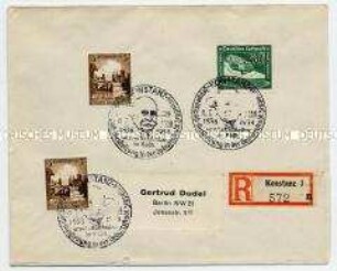 Briefumschlag mit Sonderbriefmarken und -stempel zur Zeppelinpost-Ausstellung in Konstanz