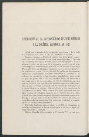 Simón Bolívar, la revolución Hispano-América y la política española en 1821
