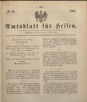 № 28. Ausgegeben zu Cassel am 1. Juni 1867.