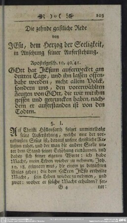 Die zehndte geistliche Rede von Jesu, dem Herzog der Seeligkeit, in Ansehung seiner Auferstehung