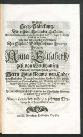 Geistliche Hertz-Stärckung/ Der rechten Liebhaber Gottes