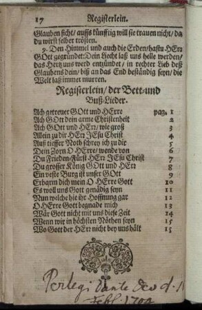 Registerlein/ der Bett- und Buß-Lieder.