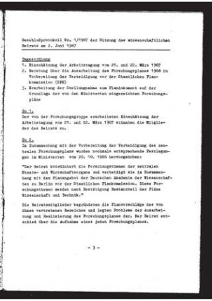Beschlußprotokoll Nr. 1/1967 der Sitzung des wissenschaftlichen Beirats am 2. Juni 1967