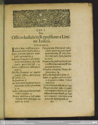 Cap. I. De Officio Iudicis in Repulsione a Limine Iudicii
