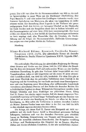 Böhme, Klaus-Richard :: Bremisch-Verdische Staatsfinanzen 1645 - 1676, die schwedische Krone als deutsche Landesherrin, (Studia Historica Upsalensia, 26) : Uppsala, 1967