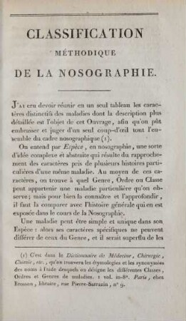 Classification méthodique de la nosographie