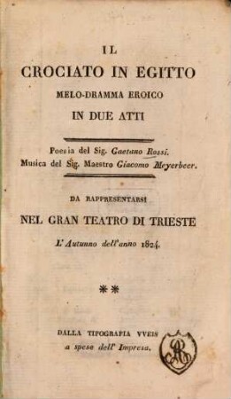 Il crociato in Egitto : Melo-dramma eroico in 2 atti