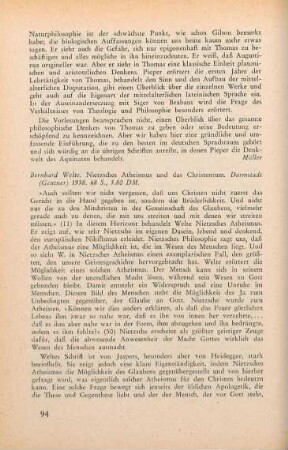 94-95 [Rezension] Welte, Bernhard, Nietzsches Atheismus und das Christentum
