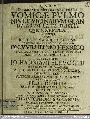 Dissertatio Medica Inauguralis Vomicae Pulmonis Et Vicinarum Glandularum Laeta Tristiaque Exempla Exhibens