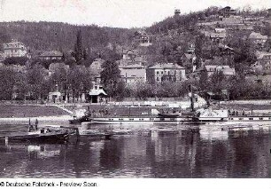 Stadtteilansicht mit Anlegestelle "Wachwitz" am Dampfschiff-Restaurant, davor Personenseitenraddampfer "Fürst Bismarck"