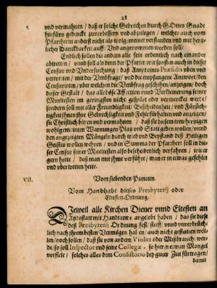 Vom siebenden Puncten. Vom Handhabe dieses Presbyterii oder Eltesten-Ordnung.