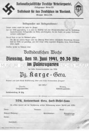 Flugblatt mit dem Aufruf zu einer Veranstaltung der NSDAP im Rahmen einer "Volksdeutschen Woche"