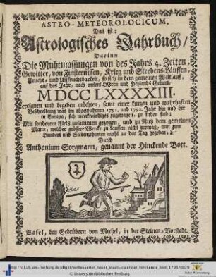 Astro-Meteorologicum, Das ist: Astrologisches Jahrbuch.