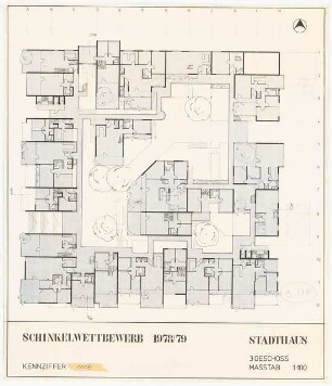 »Das Stadthaus« für die IBA an der Kochstraße, Berlin-Kreuzberg Schinkelwettbewerb 1979: Grundriss 3.OG 1:100