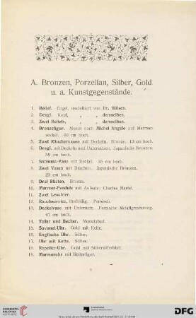 A. Bronzen, Porzellan, Silber, Gold u. a. Kunstgegenstände (Nr. 1-114)