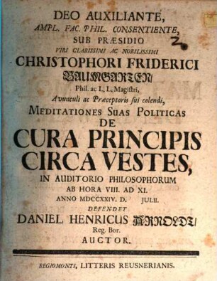 Meditationes polit. de cura principis circa vestes
