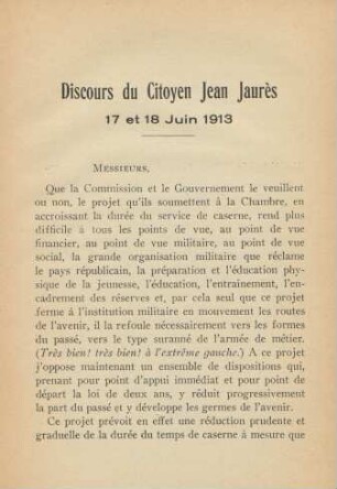 Discours du citoyen Jean Jaurès 17 et 18 juin 1913