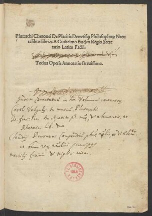 Plutarchi Cheronei De Placitis Decretisq[ue] Philosopho[rum] Natu||ralibus libri. v.