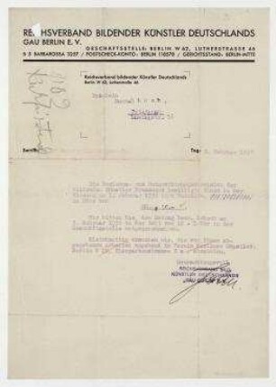 Brief des Reichsverbands Bildender Künstler Deutschlands Gau Berlin e. V. an Hannah Höch