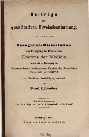 Beiträge zur quantitativen Eiweissbestimmung : Inaug.-Dissertation
