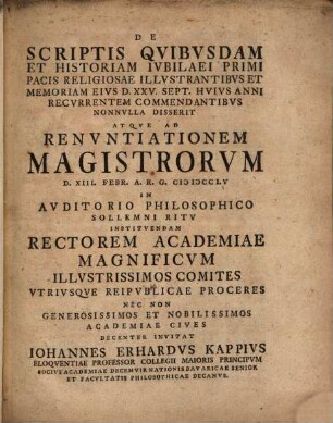 De scriptis quibusdam et historiam iubilaei primi pacis religiosae illustrantibus et memoriam eius d. XXV. Sept. huius anni recurrentem commendantibus : et memoriam eius d. XXV. Sept. huius anni recurrentem commendatibus ...