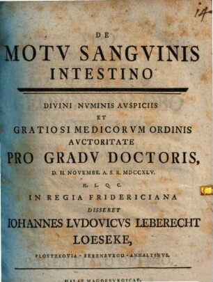 De motu sanguinis intestino, disputatio inauguralis