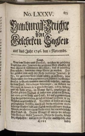 No. LXXXV. auf das Jahr 1746. den 1 Novembr. - No. XCIII. auf das Jahr 1746. den 29 November.