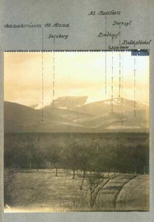 Foto aus der Beobachtungsstelle des "Artillerie-Kommandeurs Lutterbach" mit dem Ausschnitt Sanatorium St. Anna - Geisberg - Kleiner Belchen - Dornsyl - Lindkopf - Bildstöckel (Rundbild)