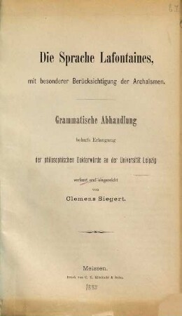 Die Sprache Lafontaines : mit besonderer Berücksichtigung der Archaismen