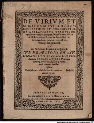 Disp. de virium et spirituum integrorum generatione et conservatione