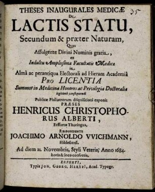 Theses Inaugurales Medicae De Lactis Statu, Secundum & praeter Naturam
