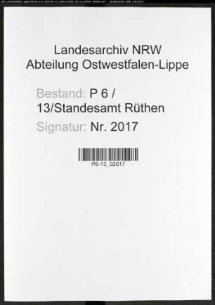 Sterberegister Standesamt Rüthen