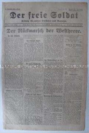 Titelblatt der revolutionären Soldatenzeitung "Der freie Soldat" u.a. zum Rückmarsch der deutschen Truppen von der Westfront