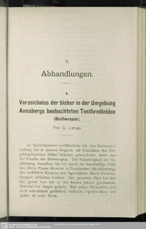 I. Verzeichniss der bisher in der Umgebung Annabergs beobachteten Tenthrediniden (Blattwespen)