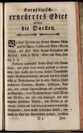 Kurpfälzische- erneuertes Ediet wider die Duellen.