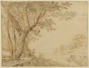 Landschaft, unter hohen Bäumen zwei Figuren