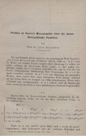 Studien zu Raabe´s Monographie über die Jacob- Bernoullische Funktion.