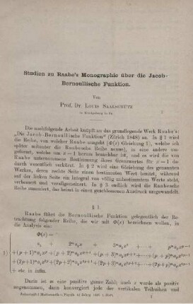 Studien zu Raabe´s Monographie über die Jacob- Bernoullische Funktion.
