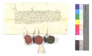 Rothenburg, Schwäbisch Hall und Dinkelsbühl präsentieren den Heinrich Hertlein als Kaplan nach Kirchberg; ausgestellt o.O., 1413; Pergament, Siegel: Städte Rothenburg, Schwäbisch Hall und Dinkelsbühl.