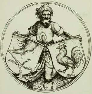 Doppeltes Hahnenwappen (Greifenfuß und Hahn), von alten Mann gehalten
