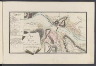 Umgebungskarte von Meißen, Federzeichnung, bis 1803 : Band 2: Seite 3: Plan der Stadt Meissen : wobey zugleich die am 1ten März 1782 geschehene Überschwemmung mit angemerket / C. F. A. Beck. - [S.l.]. - 1 Karte ; Handzeichnung, koloriert, 15 x 28 cm // Mit Gebäudekennung
